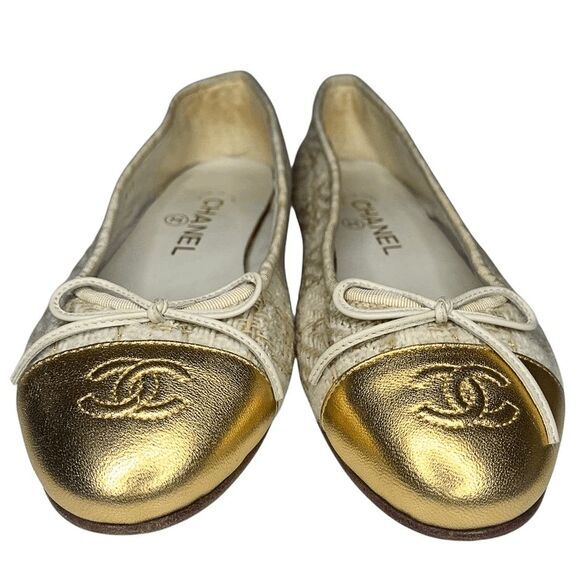 Chanel Tweed & Gold Cap Toe Ballet Flats 37C Classic Logo Flats Interlocking C - Picture 3 of 13